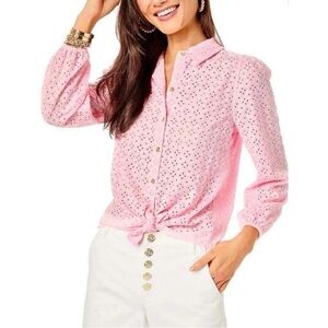 Lilly Pulitzer Sea Breeze Eyelet Button Down Top Pink Blossom Size L